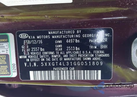 2016 Kia Optima Lx z USA, uszkodzony, nr VIN 5XXGT4L31GG051809